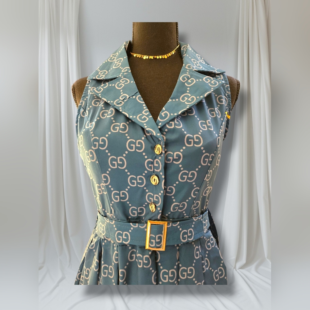 Blue Patterned Maxi Dress with Belt - Picture 2 of 8